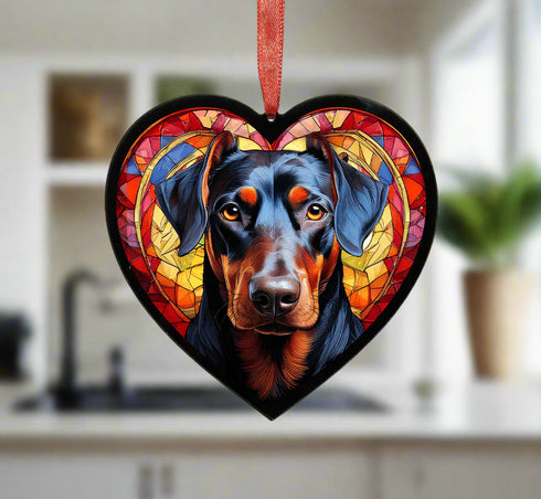 Doberman Stained Glass Effect Heart Suncatcher